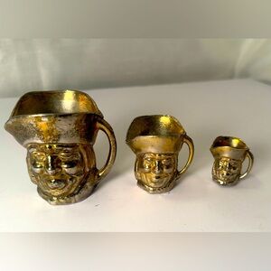 Set of 3 Small Toby Brass Metal Man Face Head Mugs Cups with Hat , Vintage UK
